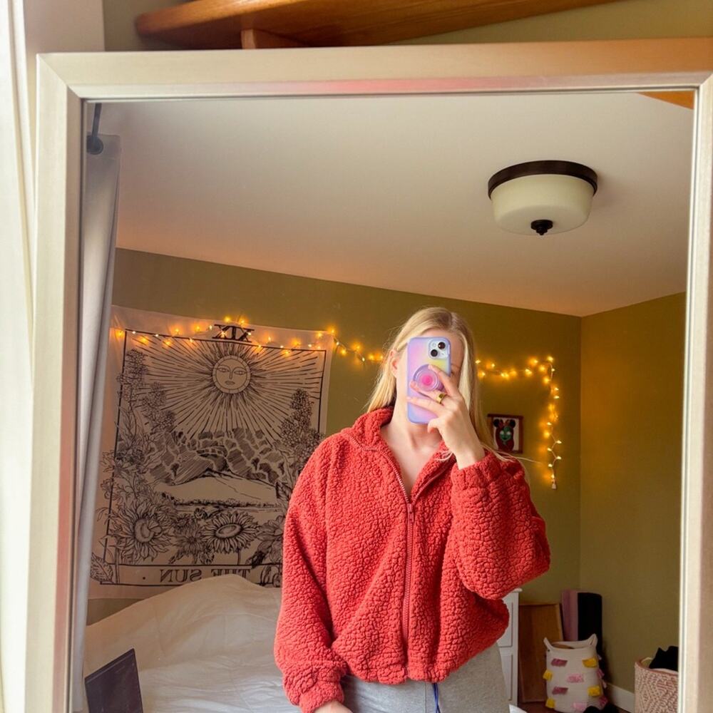 Urban Outfitters Brick Red Sherpa Teddy Zip Jacket Size Medium